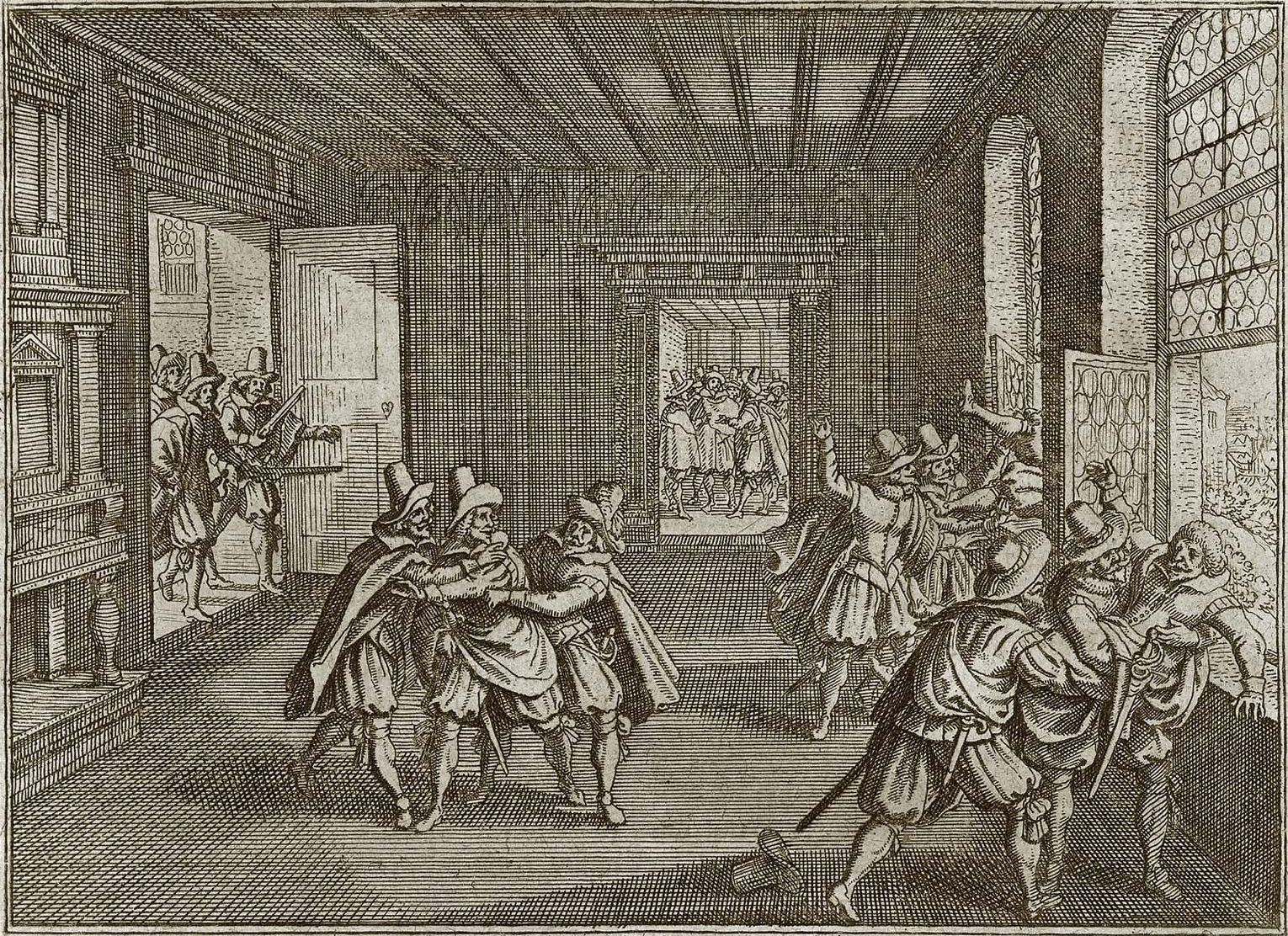 The Defenestration of Prague in 1618, when officials thrown from a window helped spark the Thirty Years War. Credit: Johann Philipp Abelinus (Public domain).