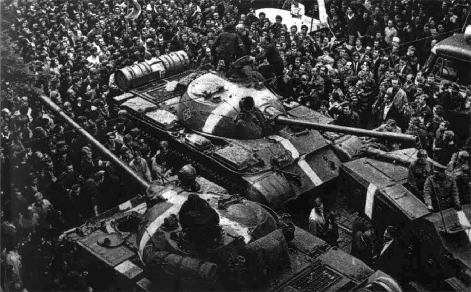 Prague during the 1968 Warsaw Pact invasion, when Soviet-led forces crushed the reformist Prague Spring. Two more decades of communist rule followed before the peaceful Velvet Revolution of 1989.
