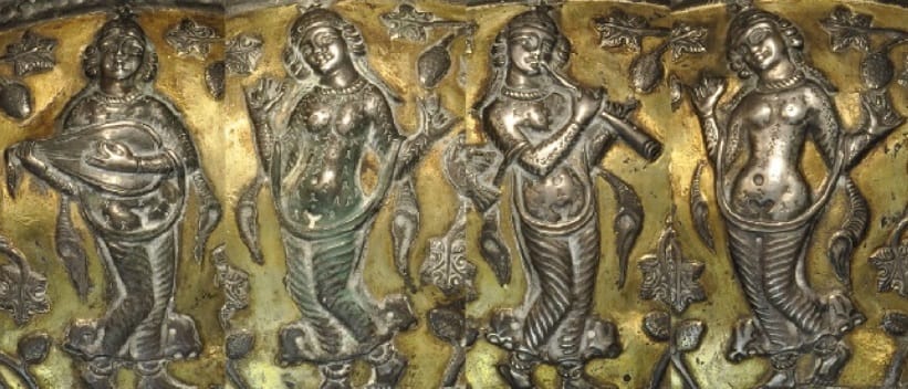 Dancers and musicians depicted on a Sasanian bowl. Images of this kind establish that dance occurred and rarely establish how it was performed.