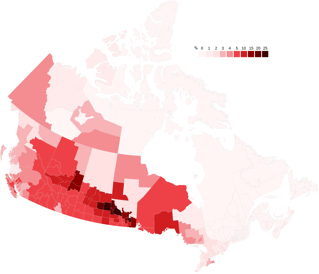 The distribution of Ukrainian Canadians by census division. The Parkland region of Manitoba, around Dauphin, has among the highest concentrations in the country.