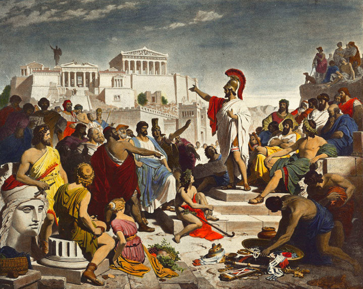 Pericles delivering the funeral oration, in which he set out an idealised account of Athenian democracy. Descriptions of democracy have generally been normative as well as descriptive.