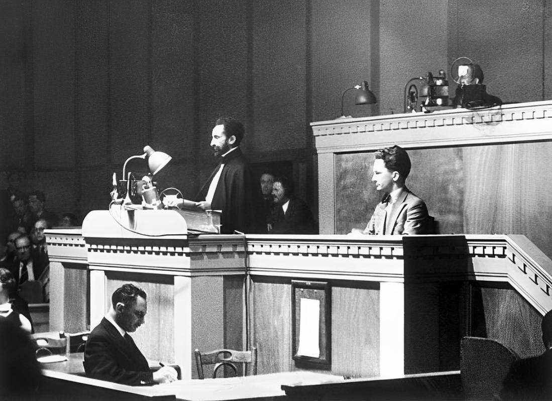 Haile Selassie addressing the League of Nations in 1936. The League's failure is a standing reminder that shared institutions do not by themselves prevent aggression.