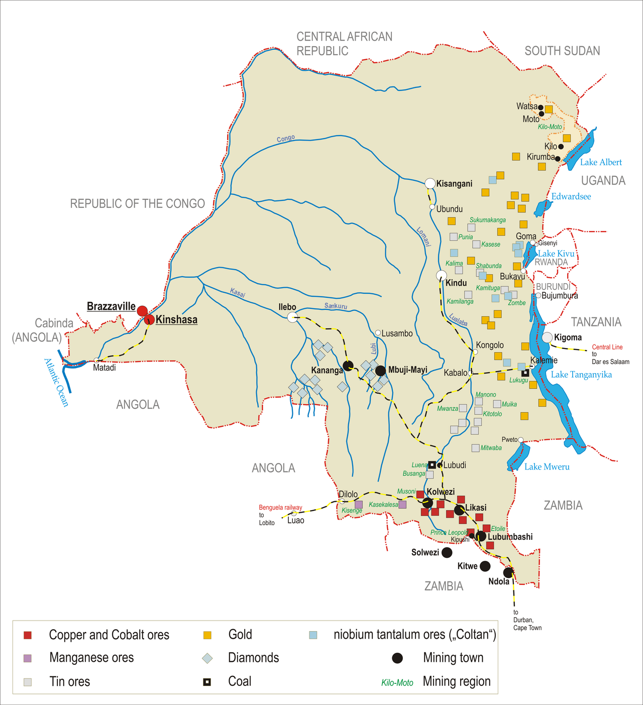 A map of the mineral wealth of the Democratic Republic of the Congo. The country holds much of the world's cobalt and vast reserves of copper, diamonds, gold, and coltan, riches that power modern technology yet have too often funded conflict rather than development.