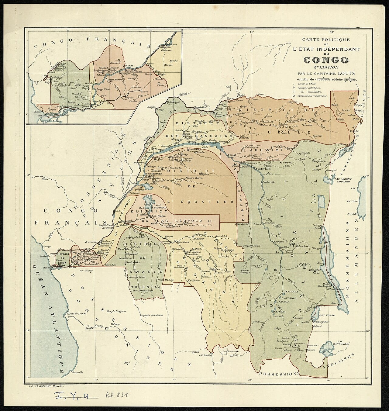 A map of the Congo Free State, the vast territory that King Leopold the Second of Belgium ran from 1885 as his personal property. His regime of forced labour for rubber and ivory killed millions and became a byword for colonial atrocity.