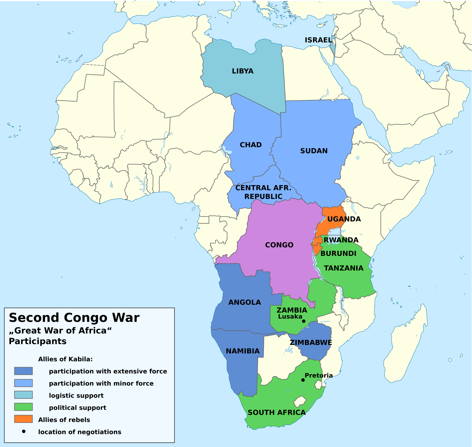 A map of the many nations and factions drawn into the Second Congo War, sometimes called Africa's world war. Fought largely over territory and minerals, it and its aftermath killed an estimated five million people, mostly through disease and hunger.