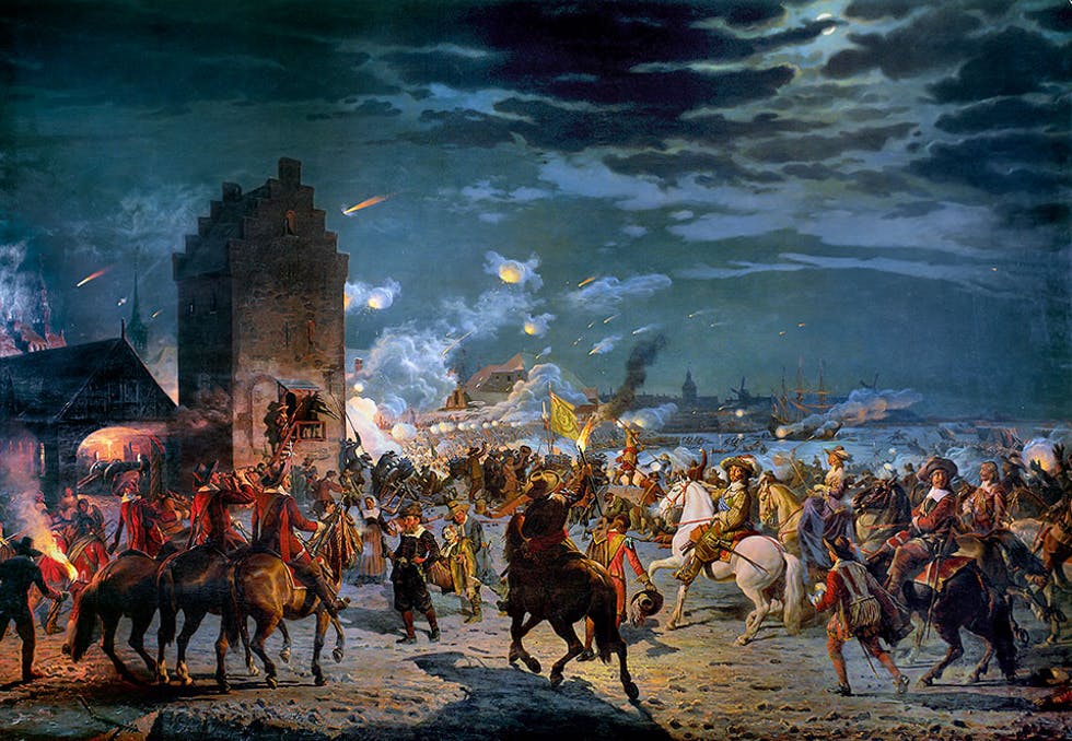 The assault on Copenhagen in 1659, when the city withstood a Swedish siege during the long wars between the two Nordic powers. Denmark's centuries as the dominant force in the Baltic slowly gave way to Sweden and to loss of territory.