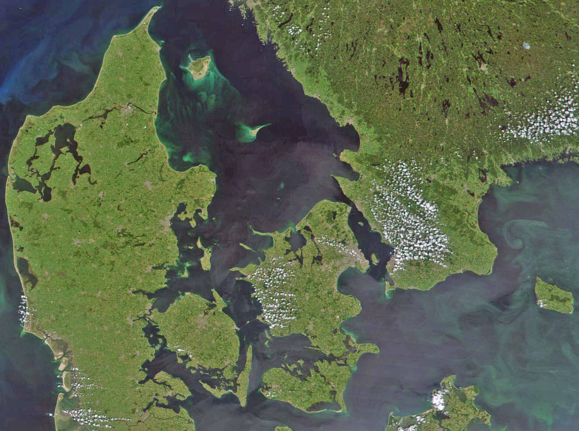 A satellite view of Jutland and the Danish islands, a low and watery land between the North and Baltic Seas. Credit: Unknown (Public domain).