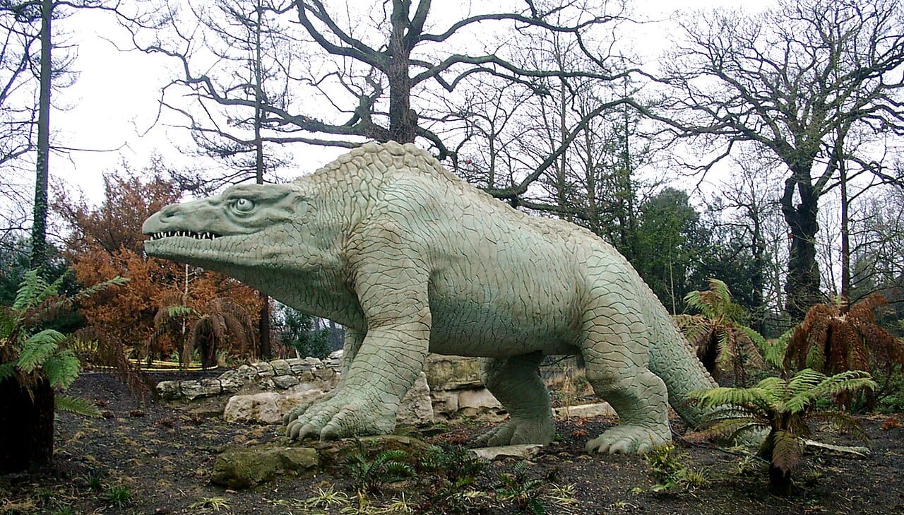 The Crystal Palace dinosaurs, made in the 1850s. They present dinosaurs as enlarged reptiles: sprawling, heavy and slow, which is how the animals were understood for the following century.