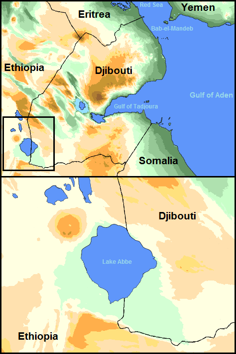 A map of Lake Abbe on the Ethiopian border. The shallow saline lake is studded with steaming limestone chimneys, part of the Afar Triple Junction where three tectonic plates are pulling apart and a new ocean is slowly opening.