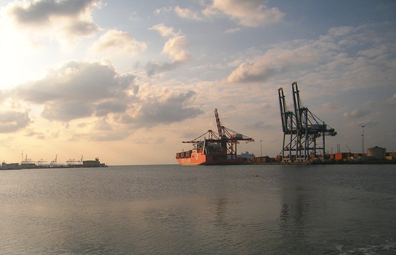 The container terminal at the Port of Djibouti. The port handles the overwhelming majority of landlocked Ethiopia's foreign trade and is the foundation of an economy built almost entirely on position.
