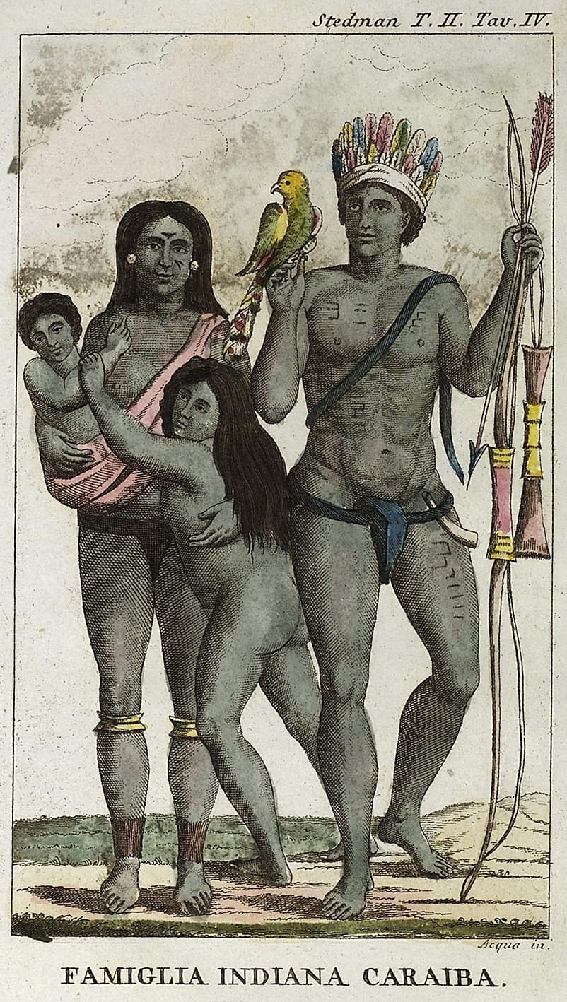 A Kalinago family in an eighteenth-century engraving. The Kalinago defended Dominica's interior so effectively that Britain and France agreed by treaty in 1748 to leave the island as neutral Kalinago territory, a concession made nowhere else in the Caribbean.
