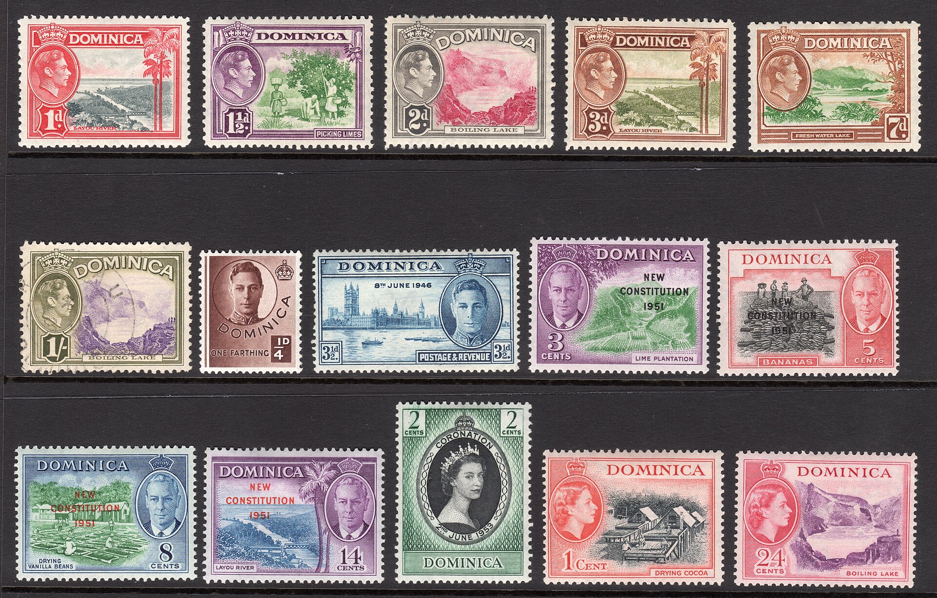 Dominican stamps from the colonial period. The island became an independent republic in 1978, choosing a president rather than the British monarch as head of state.