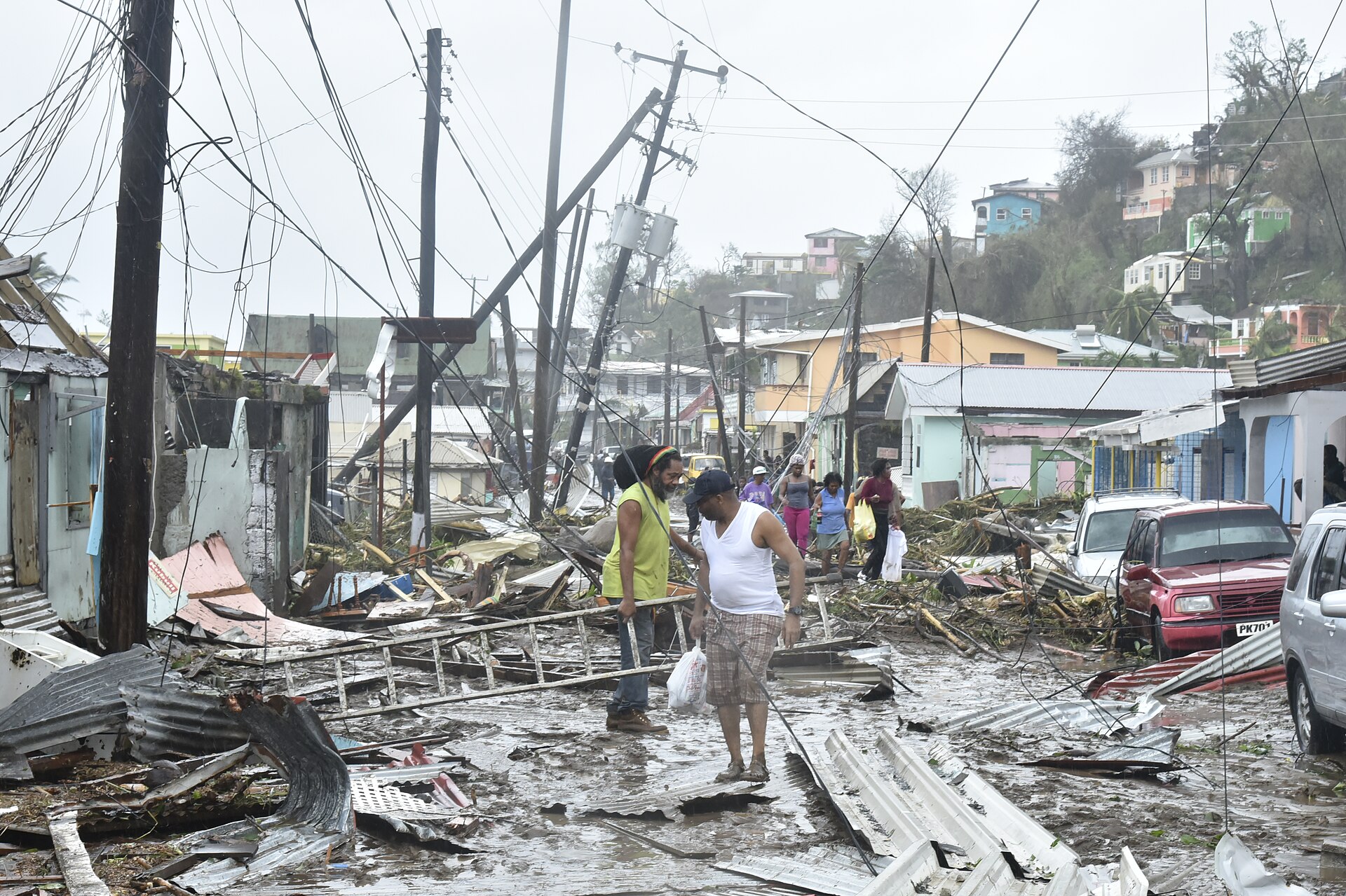Damage in the capital, Roseau, from Hurricane Maria in 2017, which devastated the island. Credit: Roosevelt Skerrit from Vieille Case, Dominica (Public domain).