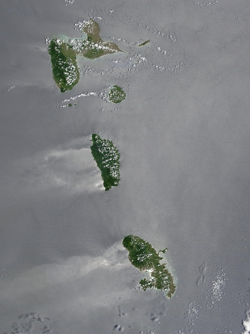 The Lesser Antilles from orbit, with Dominica among the chain of volcanic islands. It is the youngest island in the group and has more potentially active volcanoes for its size than anywhere else on Earth.