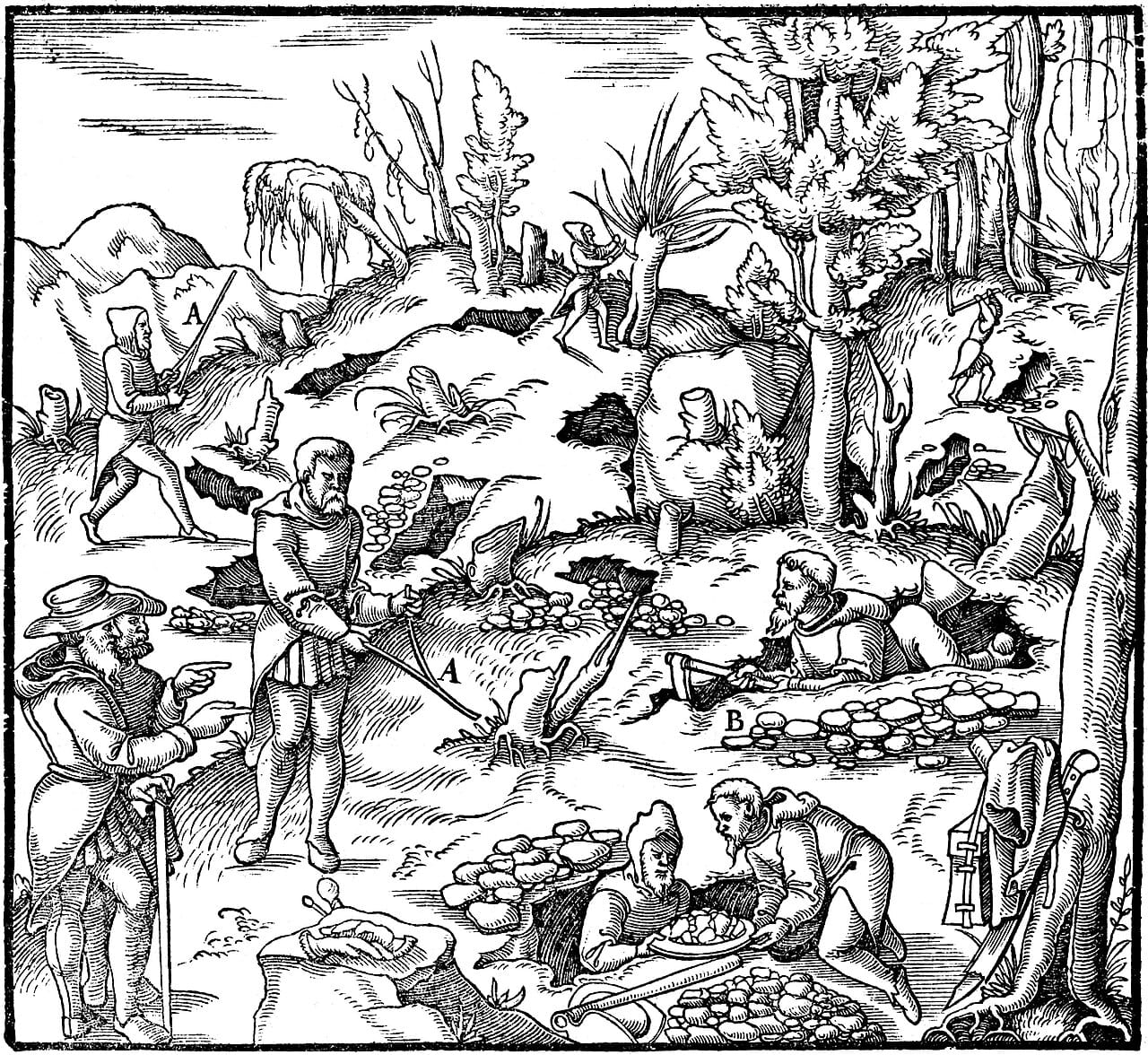 Dowsing for metal ore, illustrated in Agricola's De re metallica of 1556. The practice was already old and already disputed when this was printed.