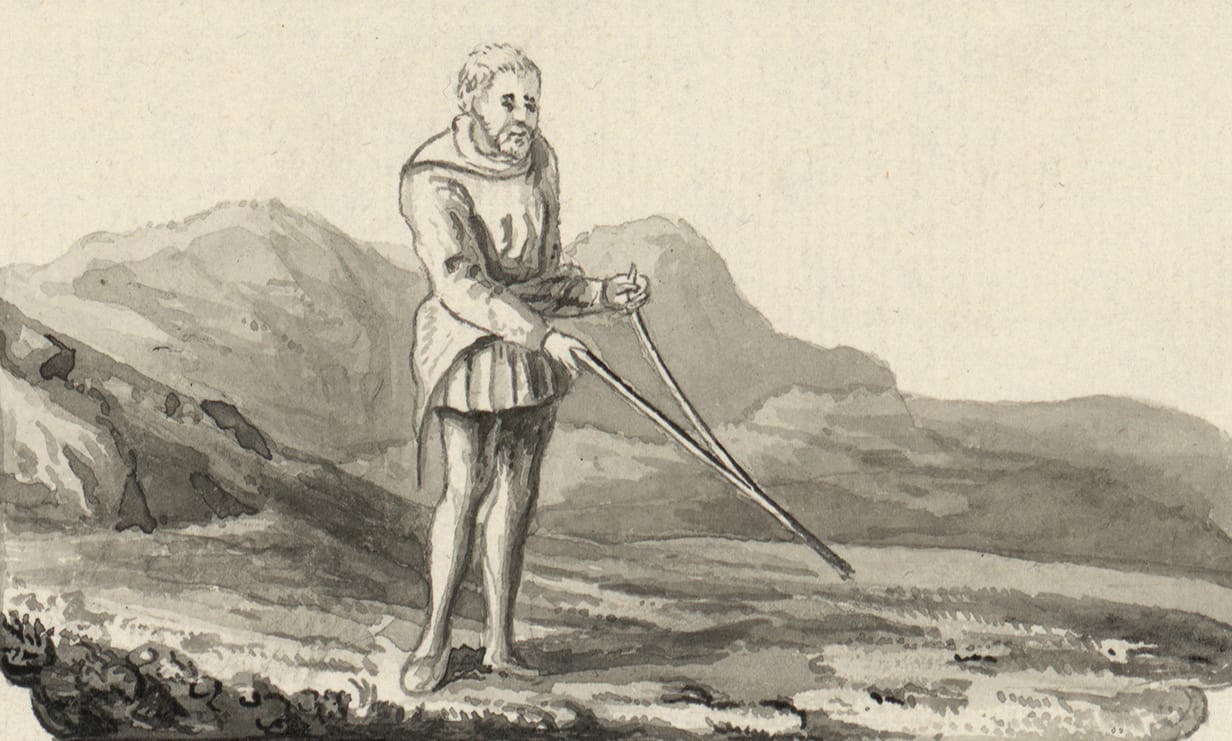 A divining rod in use in eighteenth century Britain. The movement of the rod is genuine; its source is the dowser's own musculature, acting without the dowser's awareness.