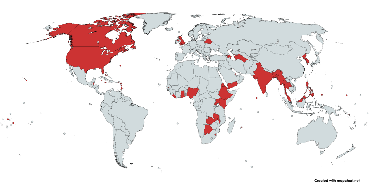 Countries using first-past-the-post. The mechanical effect converts vote shares into far more concentrated seat shares, which is the first half of Duverger's argument.