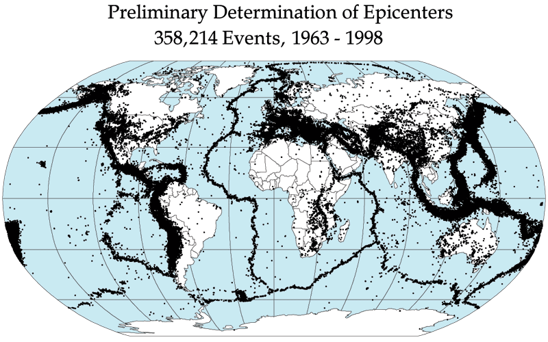 A map of earthquake epicentres, which fall mostly along the boundaries of the tectonic plates. Credit: NASA, DTAM project team (Public domain).