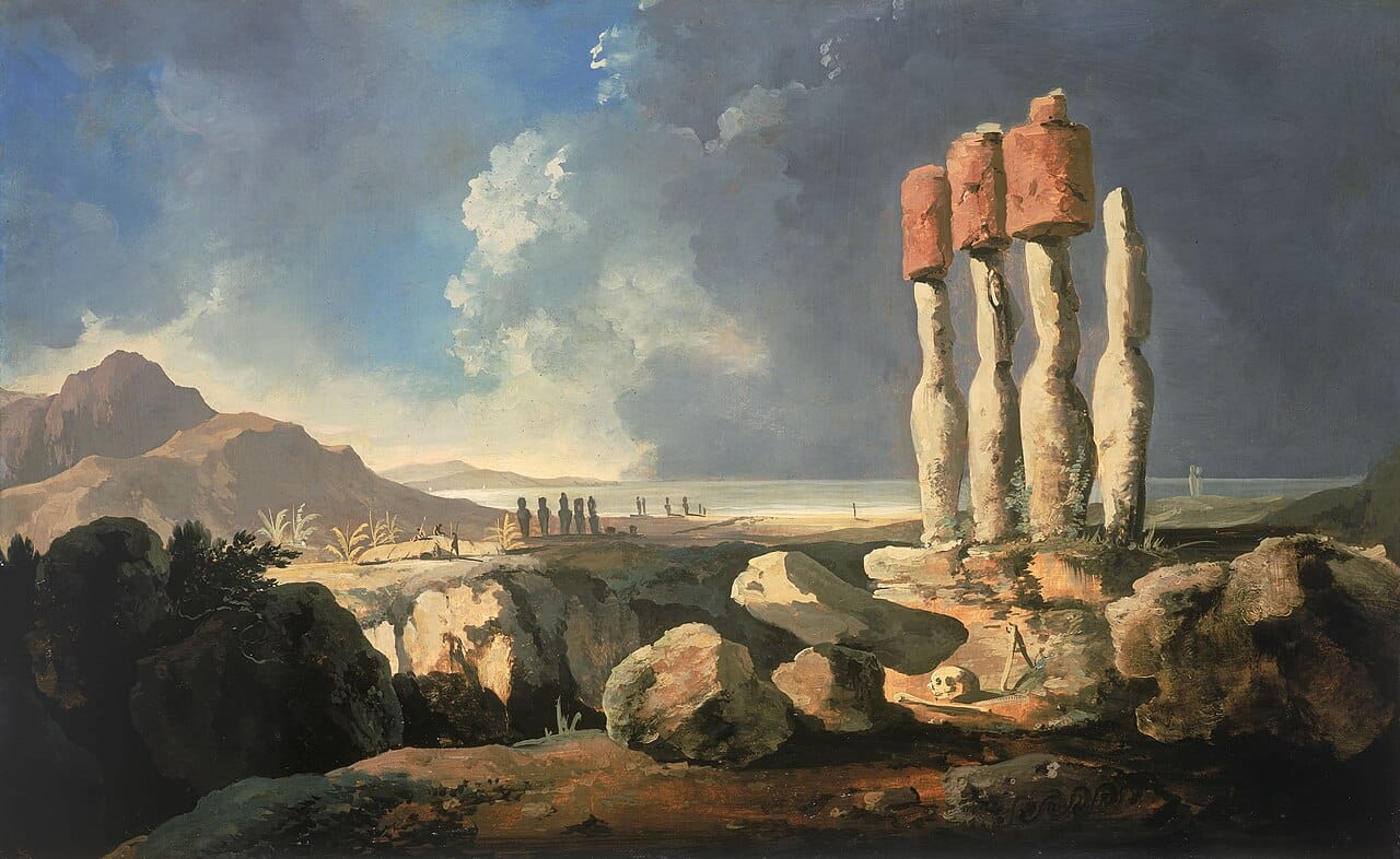 A view of the island recorded by William Hodges during Cook's visit in the 1770s. European accounts describe a smaller society than the statues implied, which is the observation the ecocide account was built to explain.