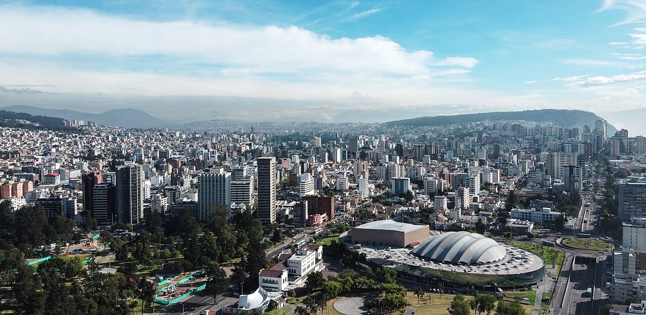 The National Assembly building in Quito, the capital of Ecuador, set high in the Andes. Quito and the coastal port of Guayaquil are the two great poles of the nation, between which its political and economic life is divided.