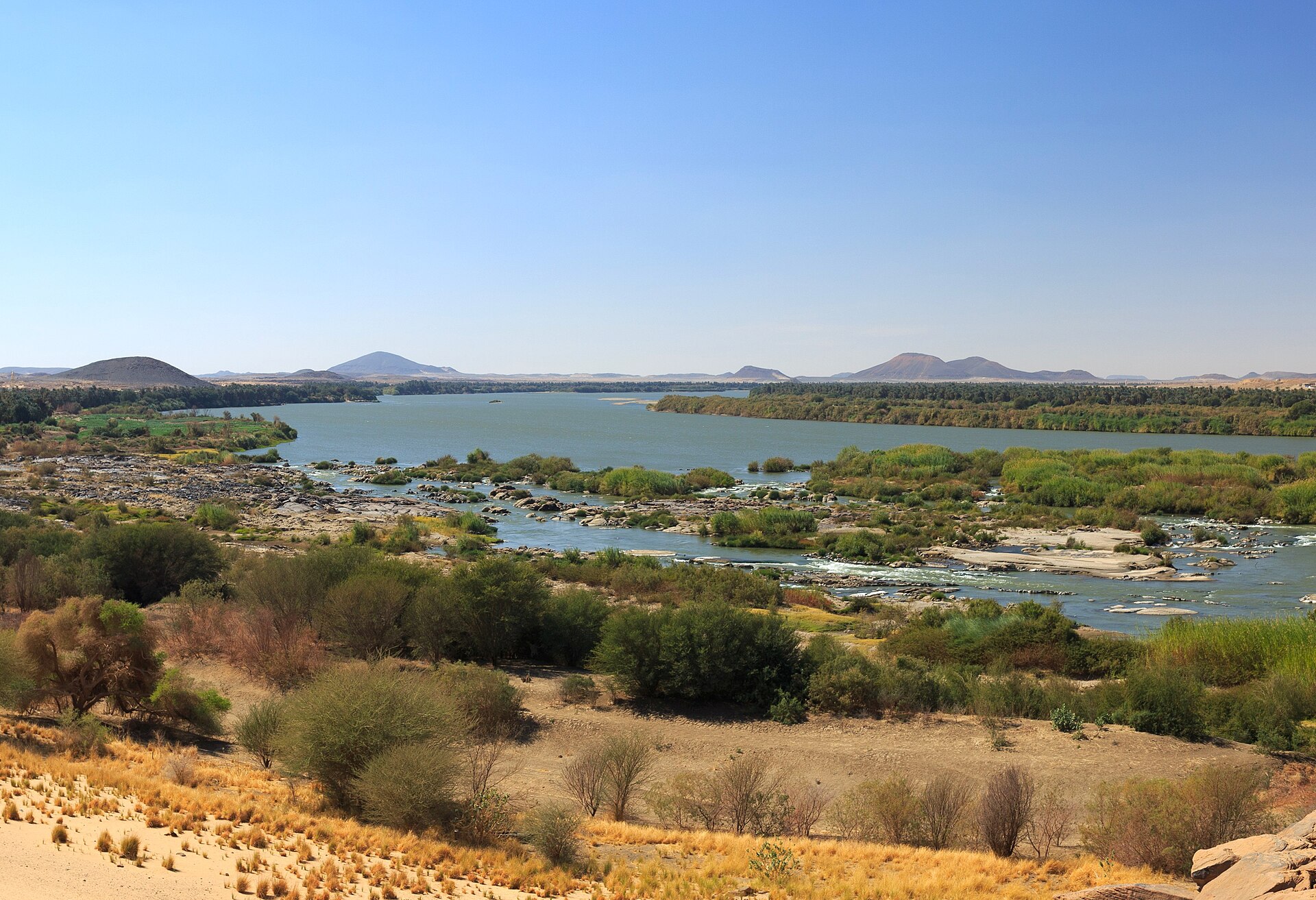 The Nile, the longest river in Africa. Its narrow green valley and delta hold almost all of Egypt's people and farmland; the ancient historian Herodotus called the country the gift of the Nile.