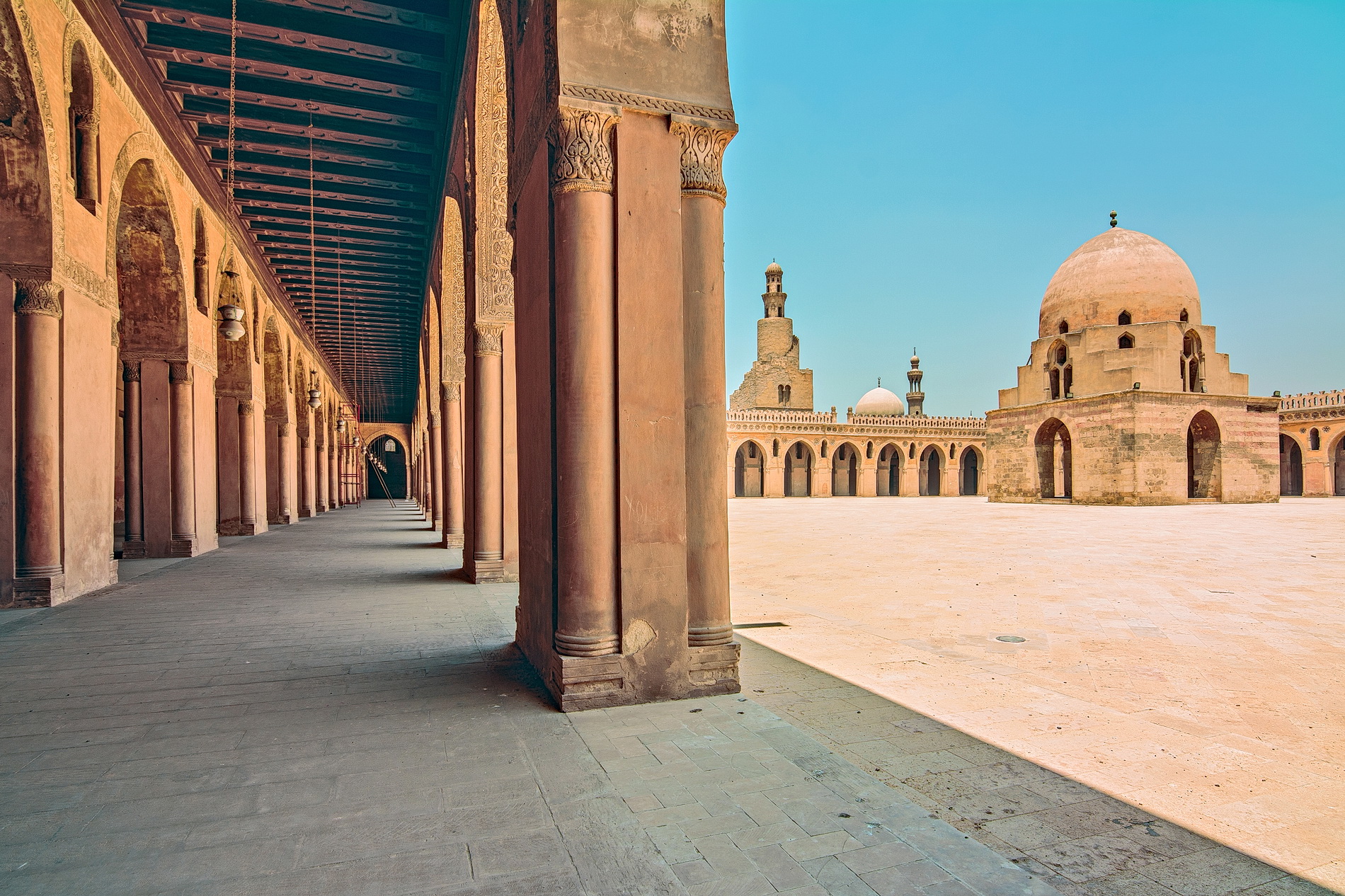 The interior of the Ibn Tulun Mosque, completed in 879. One of the oldest and largest mosques in Cairo, it dates from the early centuries of Islamic rule in Egypt.