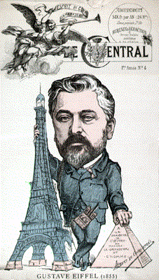 A period caricature of Gustave Eiffel, comparing his tower to the great pyramids.