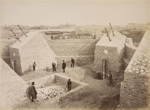 The foundations of the Eiffel Tower under construction, photographed in 1887.
