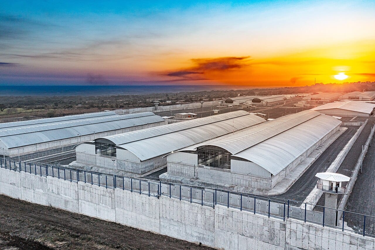 An aerial view of the Terrorism Confinement Center, or CECOT, a vast mega-prison built to hold suspected gang members. Bukele's mass-incarceration crackdown drove down El Salvador's murder rate dramatically, winning huge popularity while alarming human-rights groups.