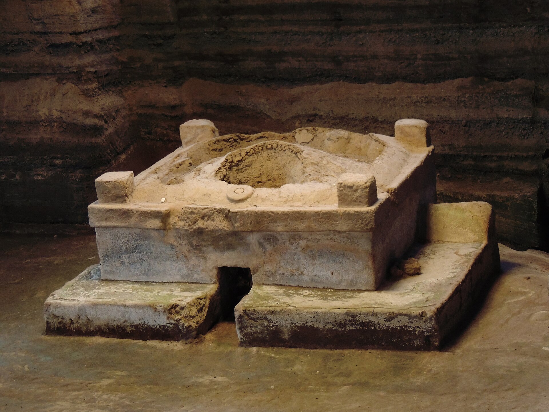 A temazcal, or steam bath, at Joya de Ceren, a Maya farming village buried under volcanic ash around 600 AD and preserved in extraordinary detail, earning it the name the Pompeii of the Americas.
