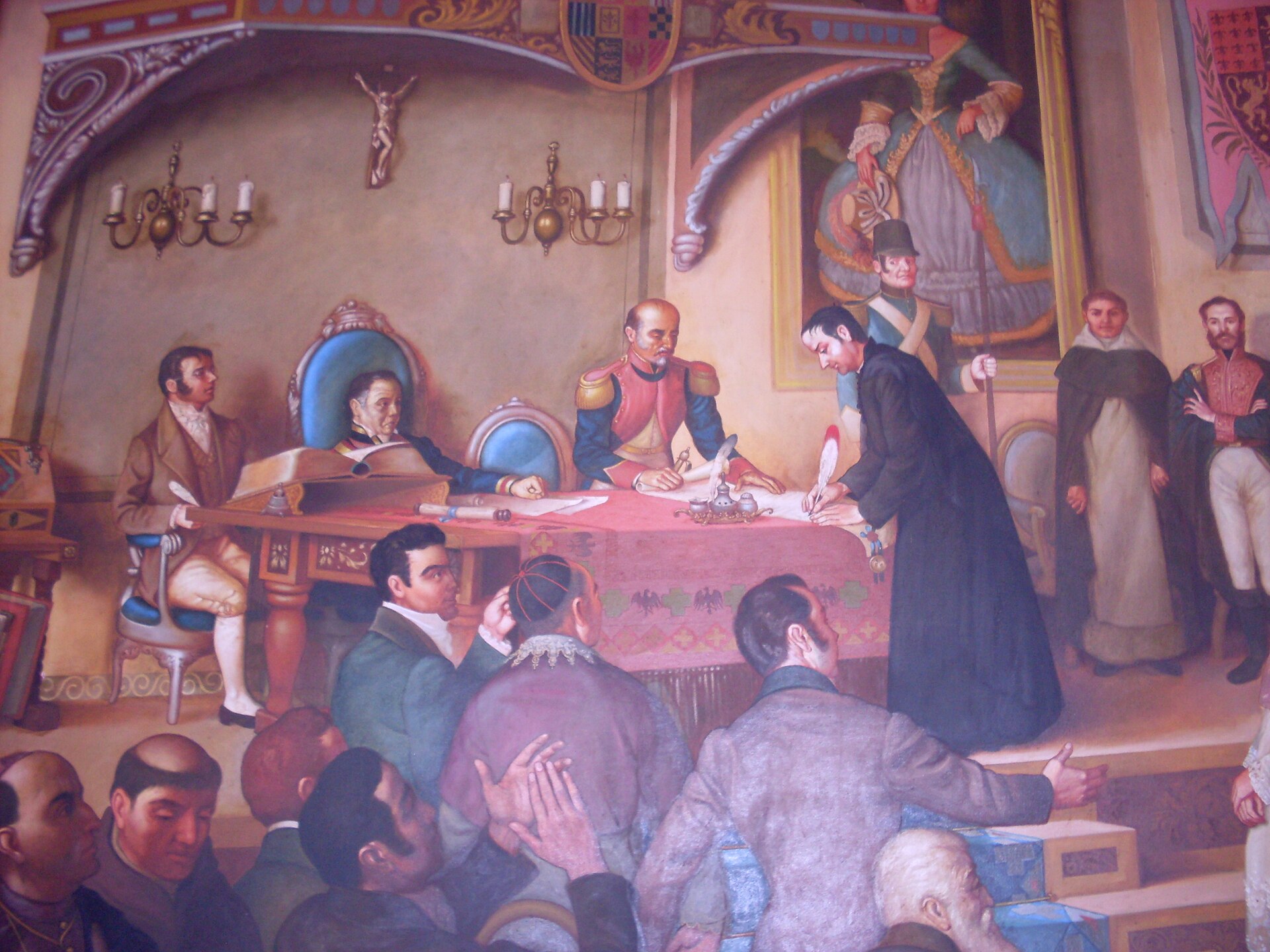 Jose Matias Delgado signing the act of independence of Central America. A priest and leader from San Salvador, he is remembered as a founding father of the nation and of the wider isthmus.