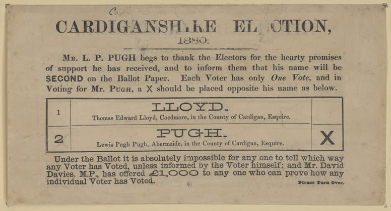 A printed ballot paper from 1880. State-printed ballots listing all candidates, marked in private, replaced earlier methods in which votes were declared aloud or cast with party-supplied papers.