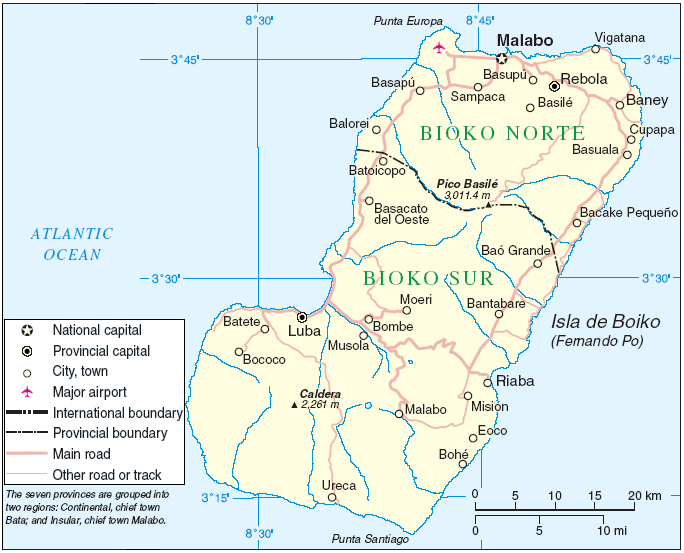 The volcanic island of Bioko in the Gulf of Guinea, which holds the capital, Malabo. The country is split between this and other islands and the mainland region of Rio Muni, a scattered geography unusual among the world's nations.