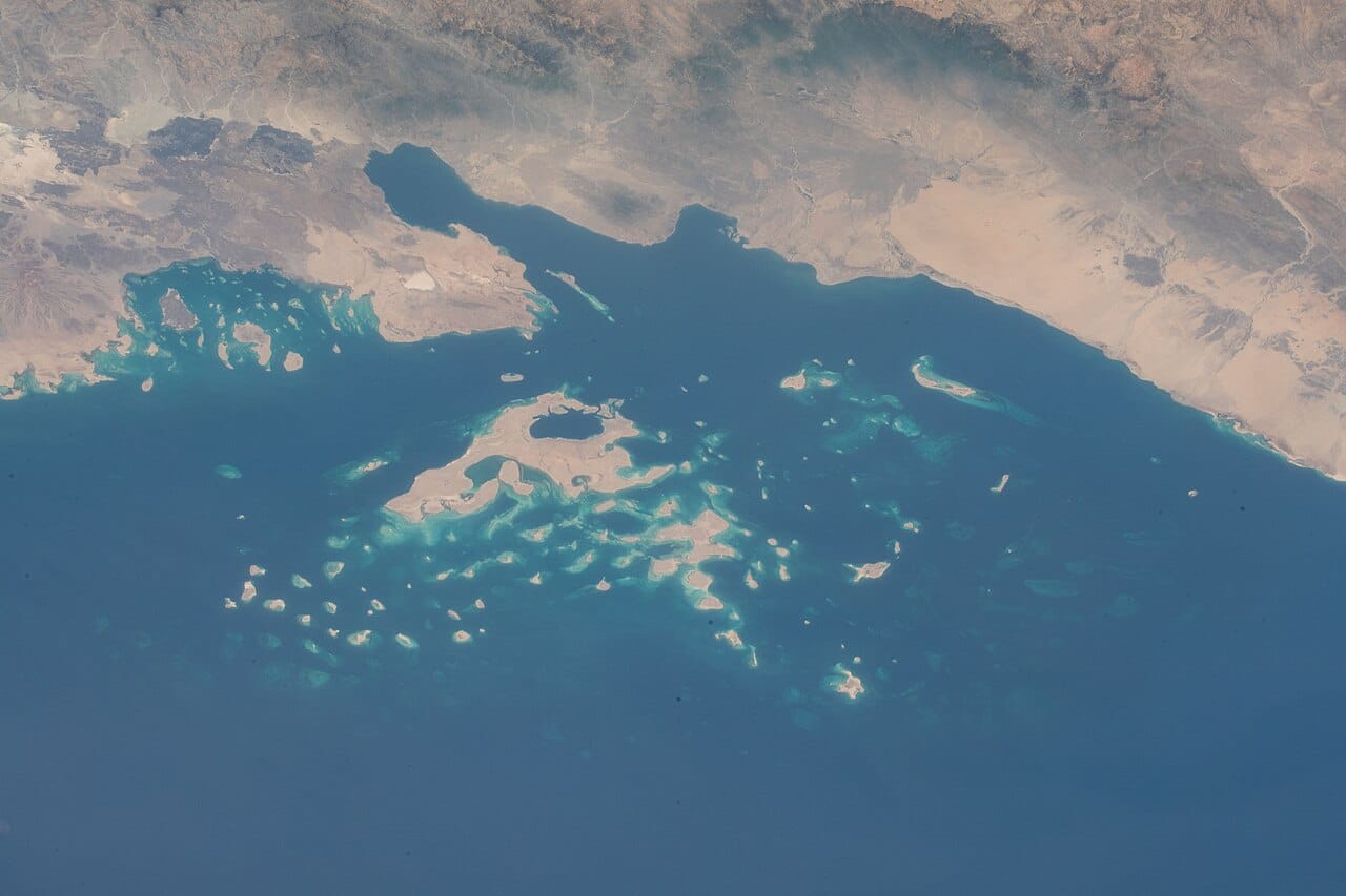 The Dahlak Archipelago from orbit. Some two hundred islands lie off the Eritrean coast, with coral reefs among the least disturbed in the Red Sea, largely because so little development has reached them.