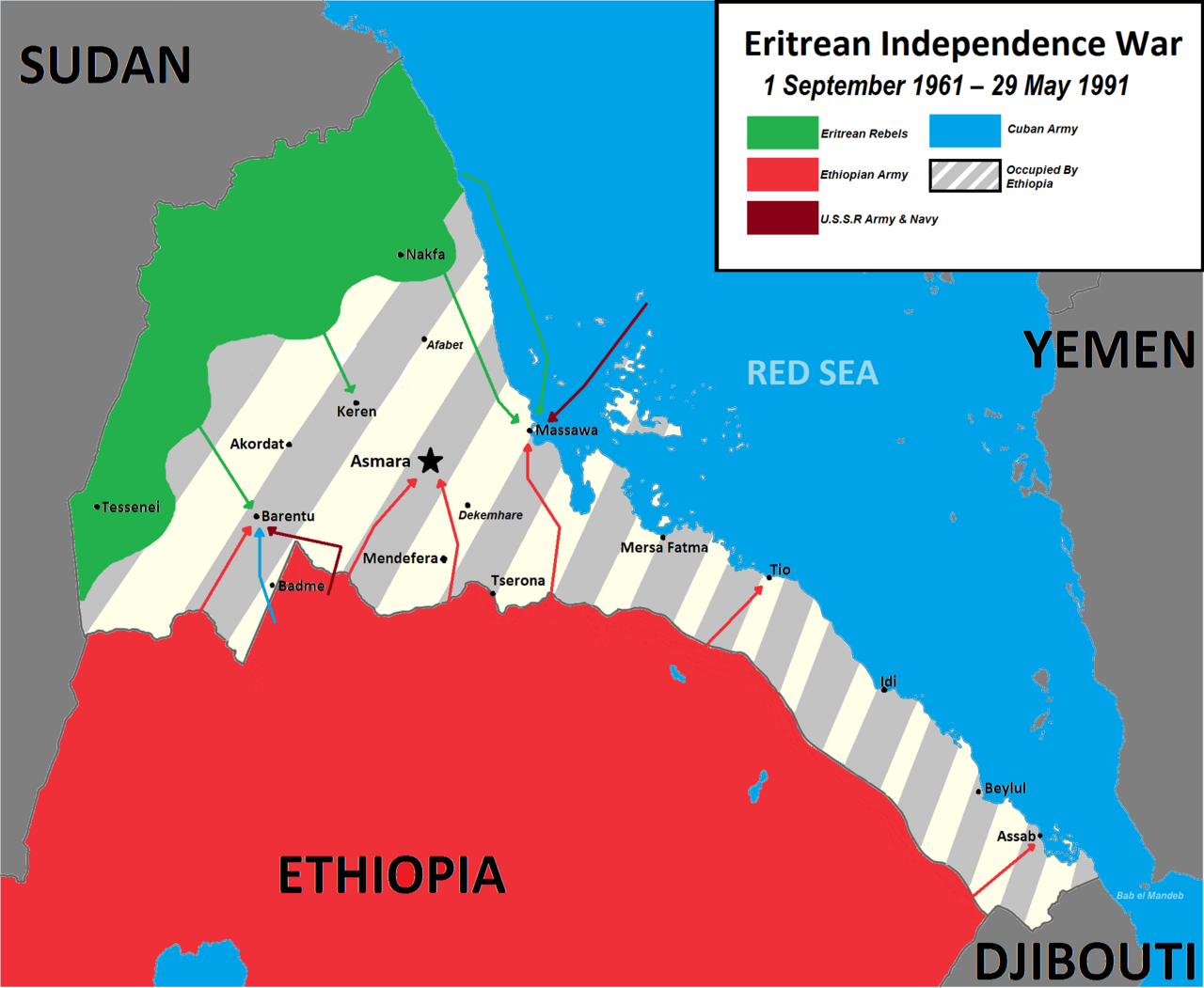 A map of the Eritrean war of independence. The struggle lasted thirty years, from 1961 to 1991, against first the Ethiopian empire and then the Soviet-backed Derg, and produced an underground society of schools, clinics, and workshops in the liberated areas.
