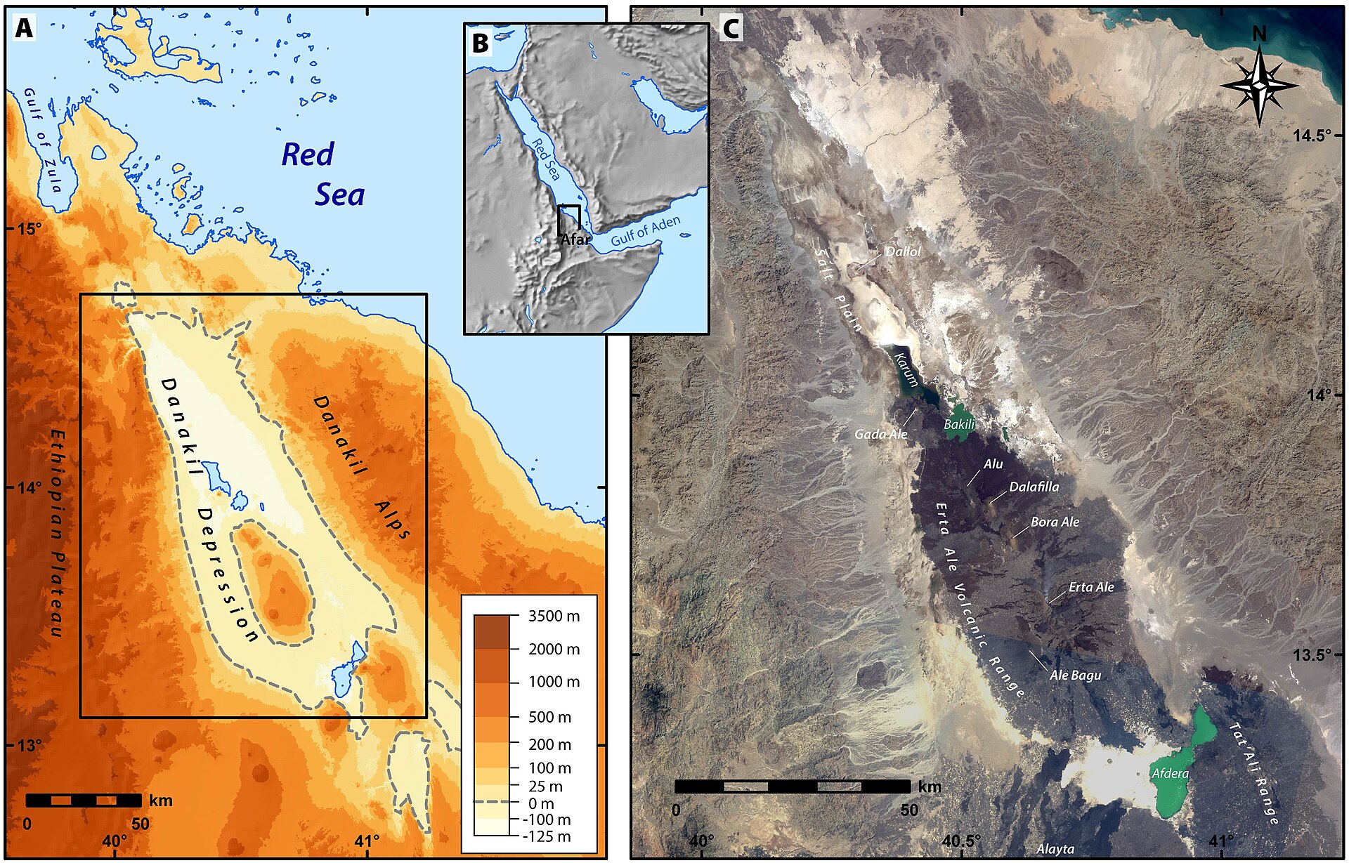 The Danakil Depression, a landscape of salt flats and sulphur springs and one of the hottest places on Earth.