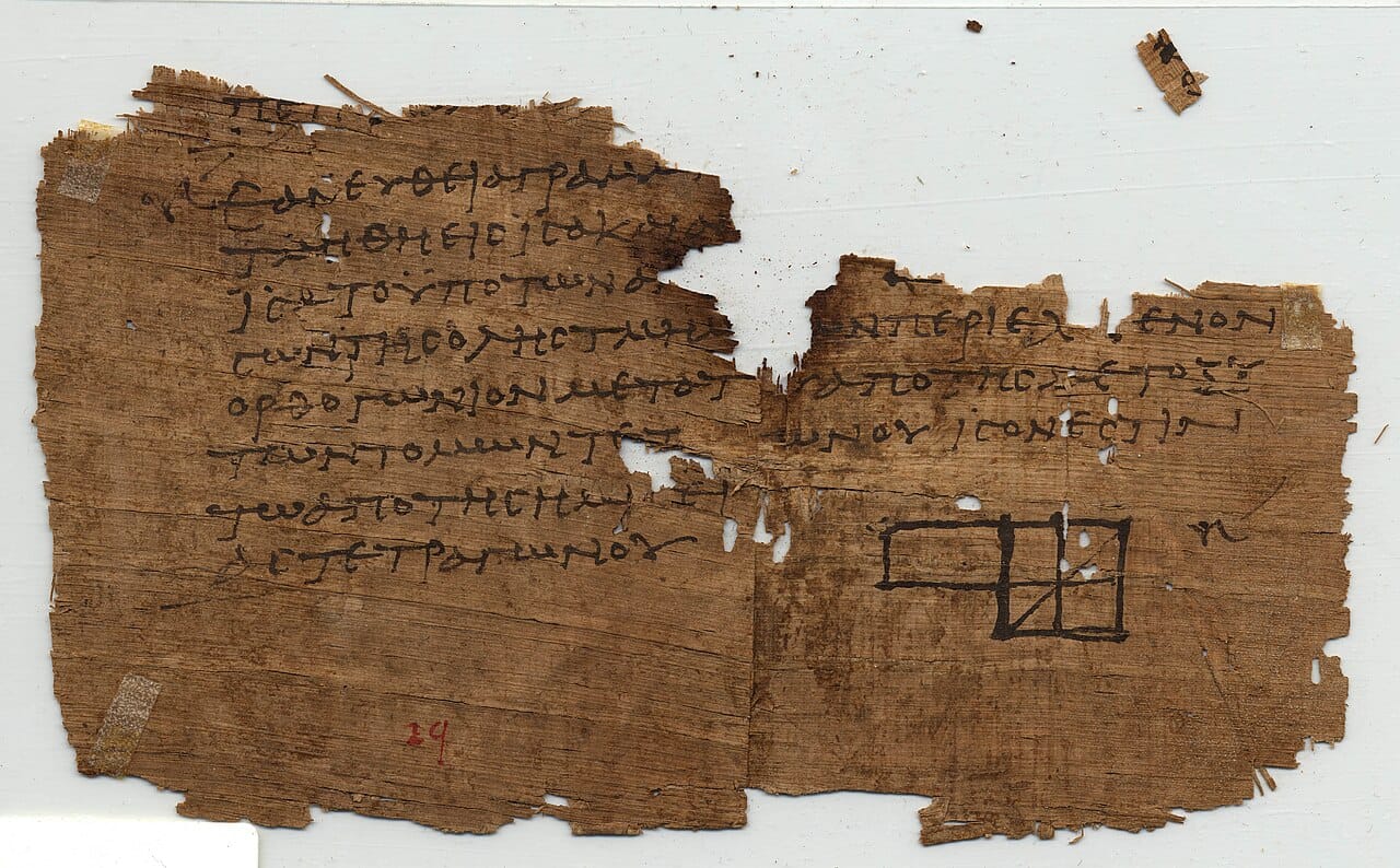 A papyrus fragment of the Elements from the third or fourth century CE. The text was copied continuously for two millennia, which is part of why the algorithm was never lost.