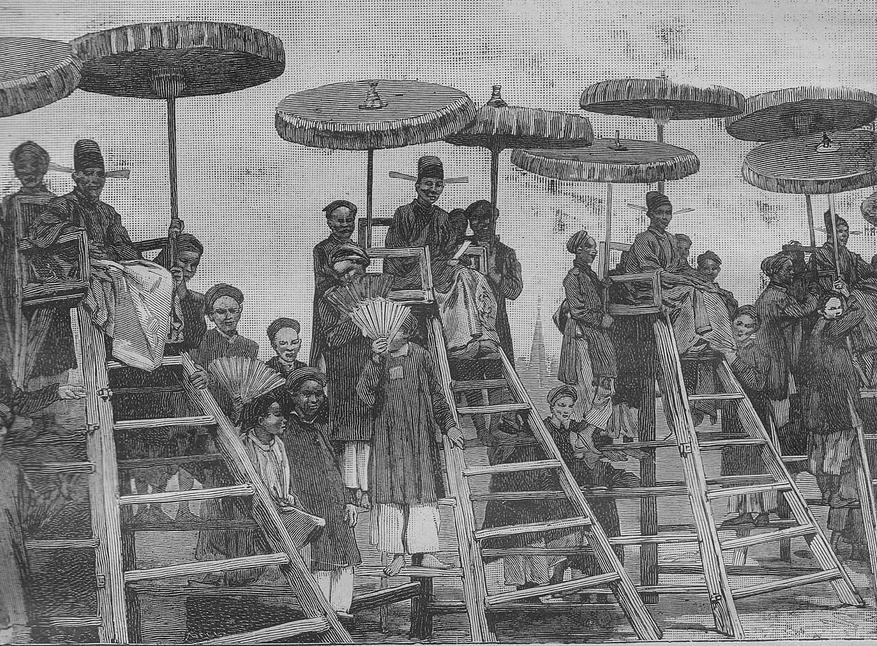 Candidates at an examination hall. The scale of the Chinese system was substantial, with competition at successive levels and very low pass rates at the highest.