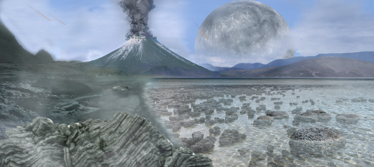 The Archean Earth. The period had liquid water, an oxygen-free atmosphere and active microbial life, none of which a frozen planet would allow.