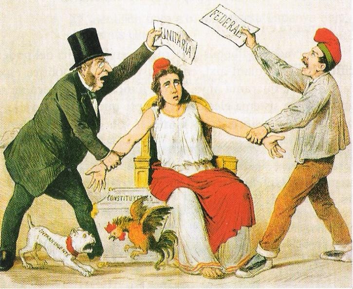 A depiction of the choice between federal and unitary arrangements. The question of how much authority the centre should hold has been fought over wherever federations were formed.