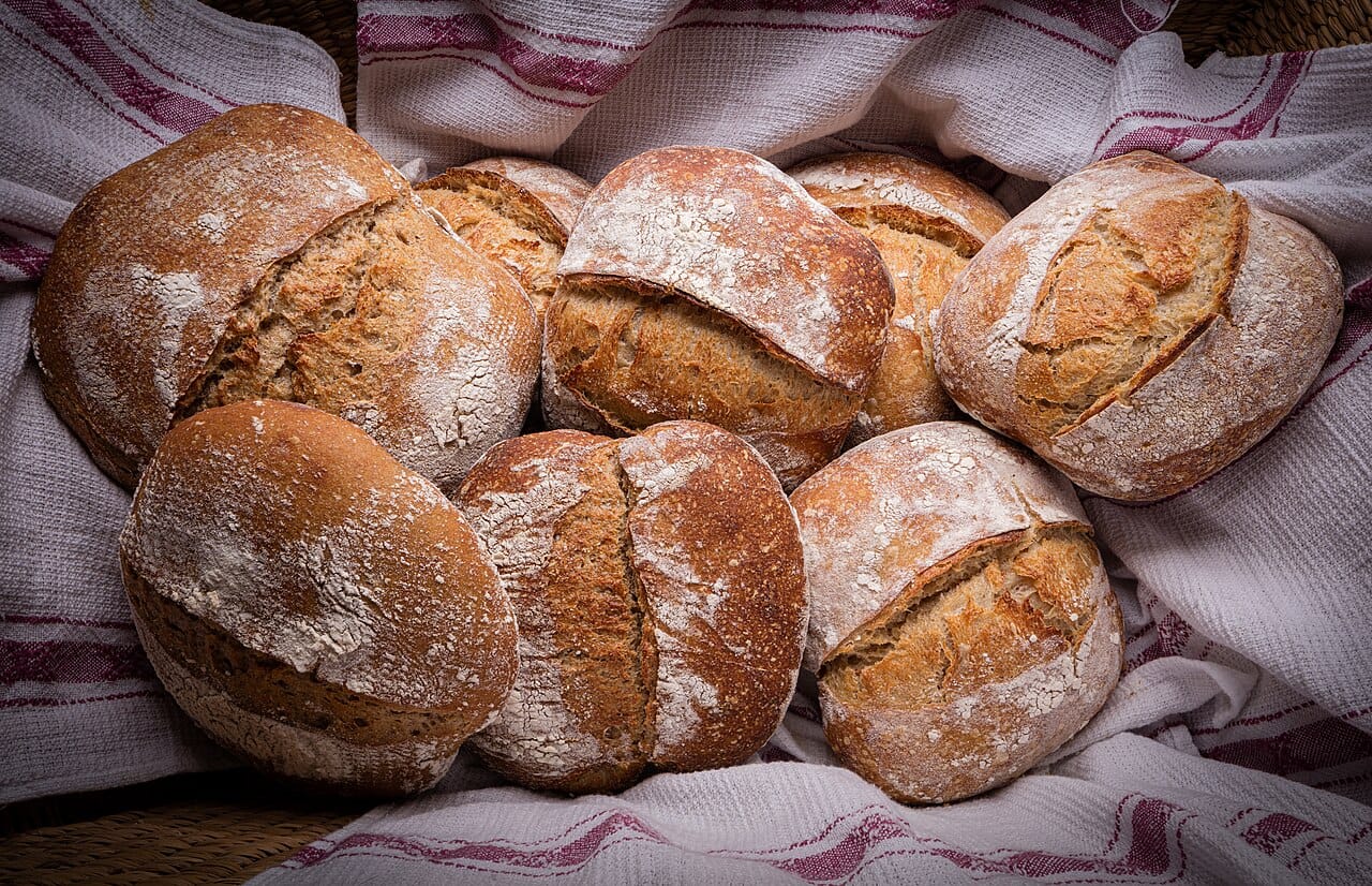 Sourdough bread. The rise comes from carbon dioxide released by yeast fermenting sugars in the dough, and the sour flavour from bacteria producing lactic and acetic acids.