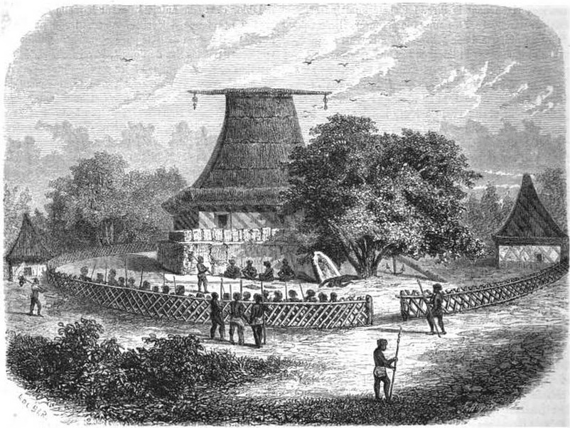 A bure-kalou, a traditional Fijian spirit house or temple, from the islands' pre-Christian religious tradition. Credit: Alexandre de Bar (Public domain).