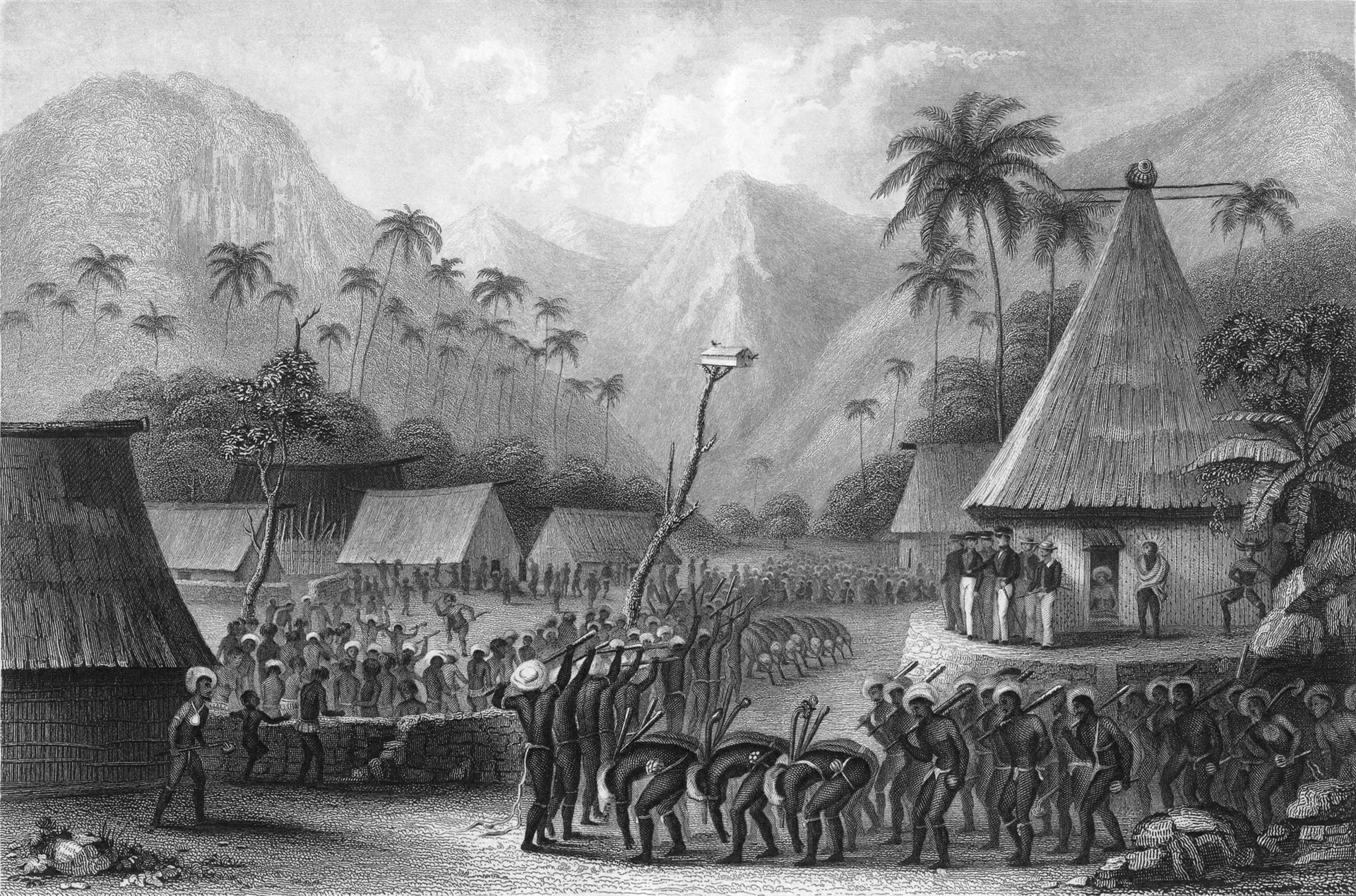An early depiction of Europeans living among the Fijians. Traders, castaways, and missionaries settled in the islands from the early nineteenth century, bringing firearms, disease, and Christianity that transformed Fijian society.