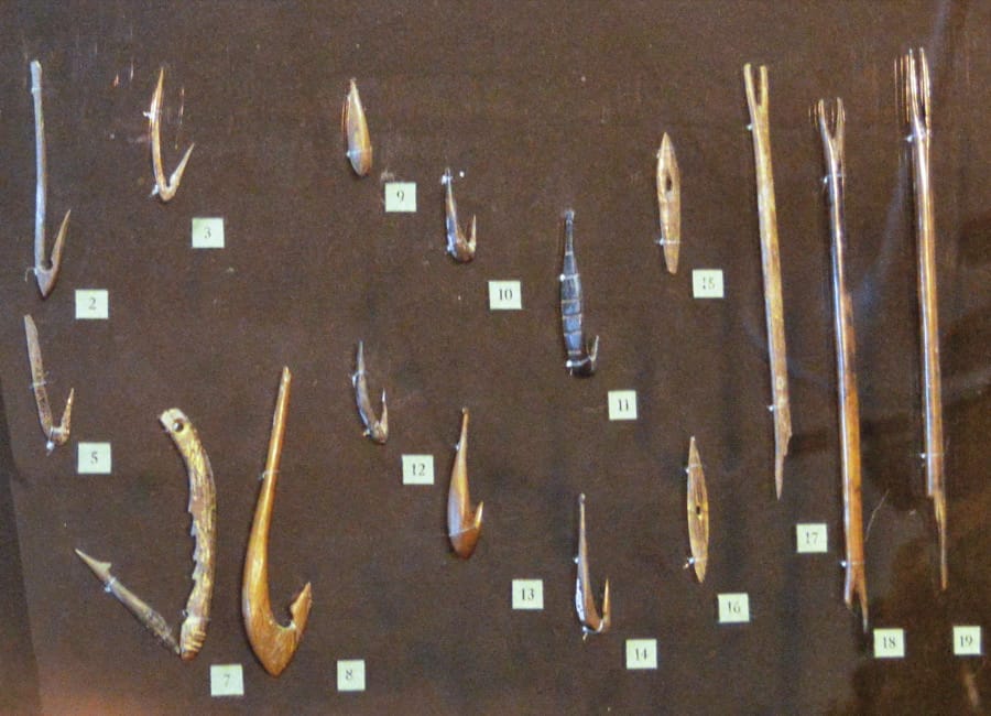 Stone age fishing implements. Hooks, nets and spears appear early in the archaeological record and the basic forms have changed remarkably little.