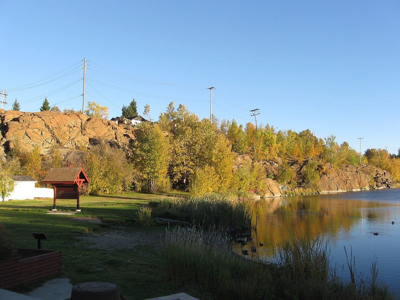 Flin Flon in autumn. The town is built directly on Precambrian rock, and its streets follow the outcrops rather than a grid.