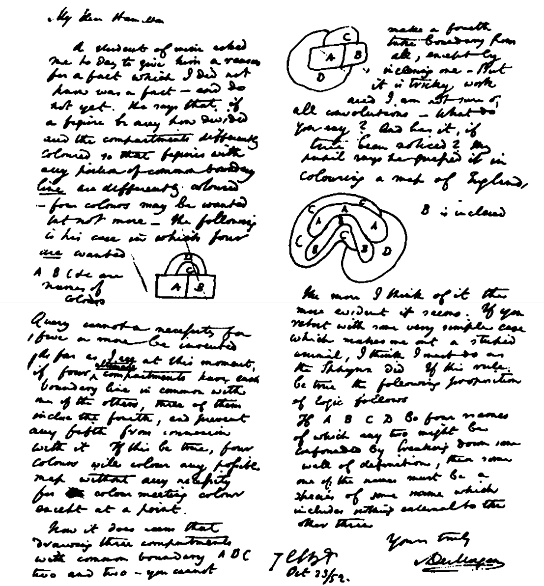 De Morgan's letter recording the question in 1852. The conjecture was easy to state and resisted proof for 124 years.