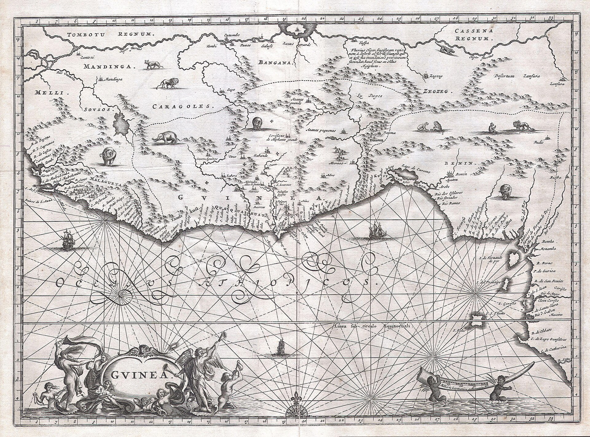 An early map of West and Central Africa, from the era when European traders first reached the Gabonese coast. Credit: http://www.geographicus.com/mm5/cartographers/ogilby.txt (Public domain).