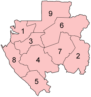 A map of Gabon and its nine provinces. Straddling the equator on the Atlantic coast, the country is small in population but almost entirely covered by the dense rainforest of the Congo Basin.