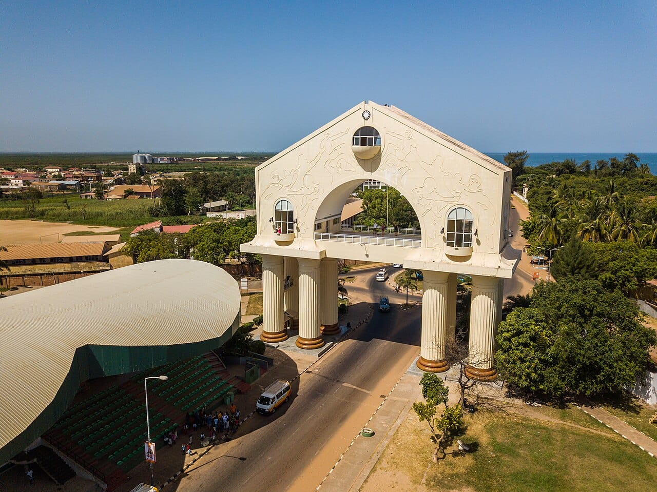 The Arch 22 monument in Banjul, the capital of the Gambia, built to commemorate the 1994 coup that brought Yahya Jammeh to power. The small, low-lying capital sits at the mouth of the river that gives the country its shape and life.