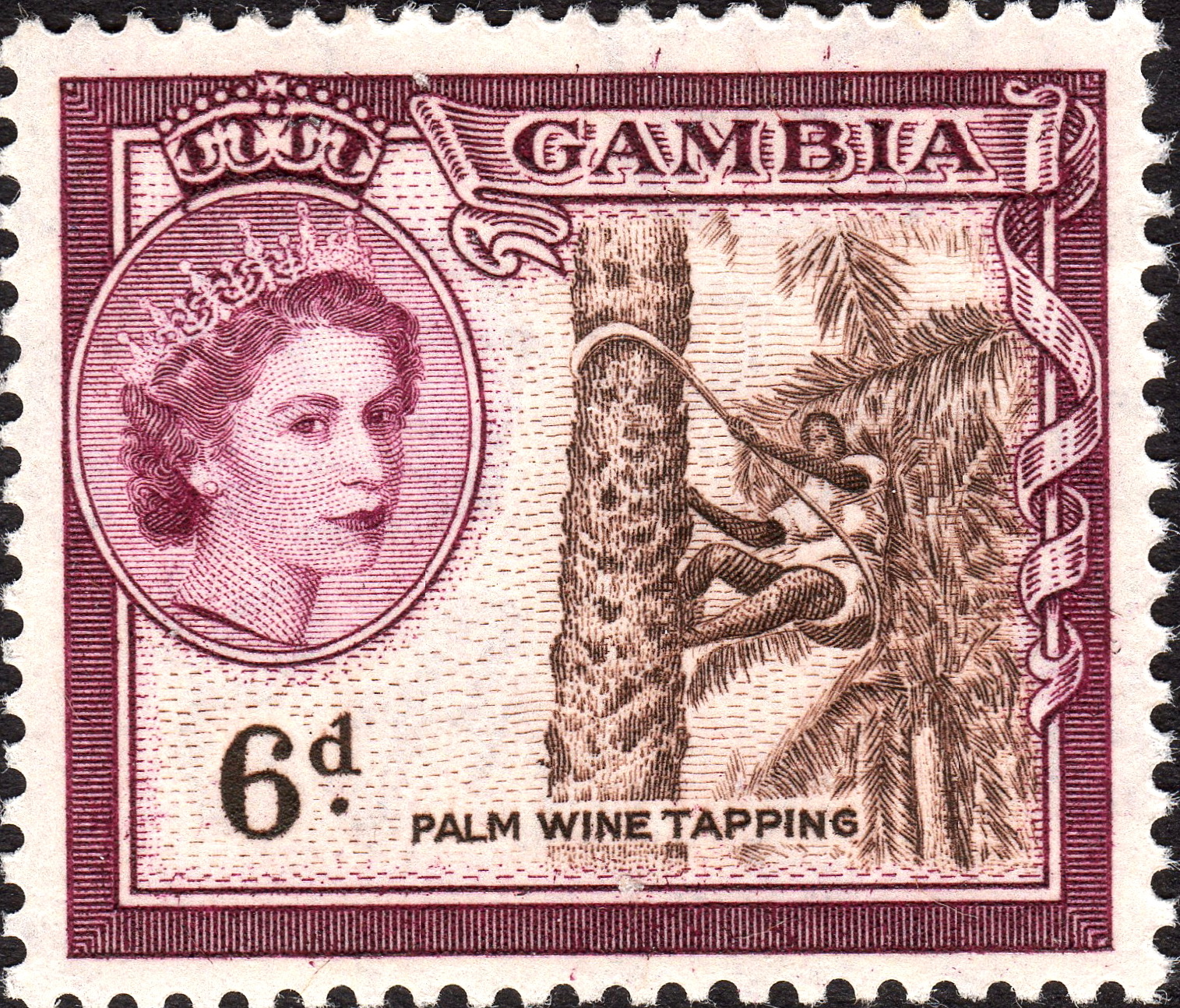 A 1953 stamp bearing the portrait of Queen Elizabeth the Second. The Gambia was a British colony, its long, narrow shape drawn around the river and hemmed in on all sides by French Senegal, until independence in 1965.